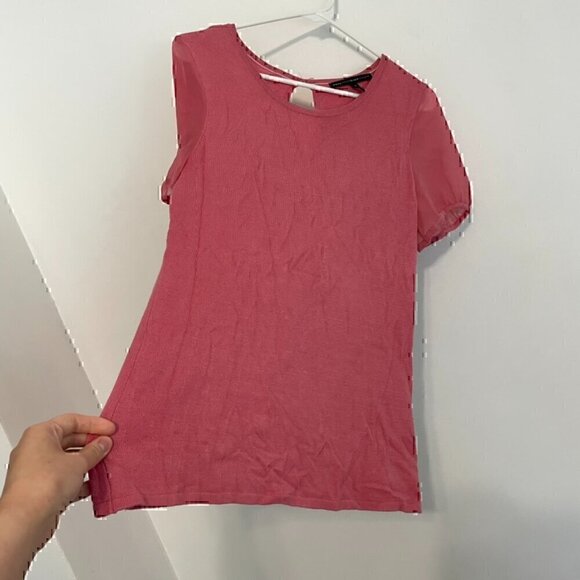 WHITE HOUSE BLACK MARKET WHBM Woven Short Sleeve Top Pink Mixed Media Knit Work - Picture 9 of 14